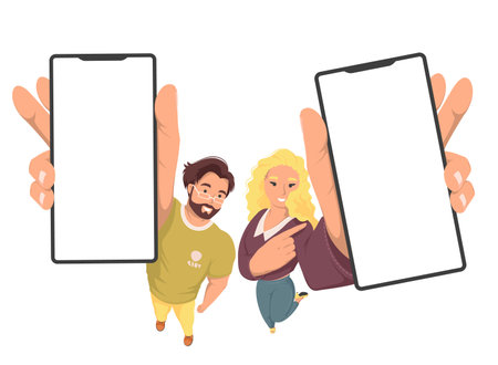 Couple looking and holding raised smartphone upのイラスト素材
