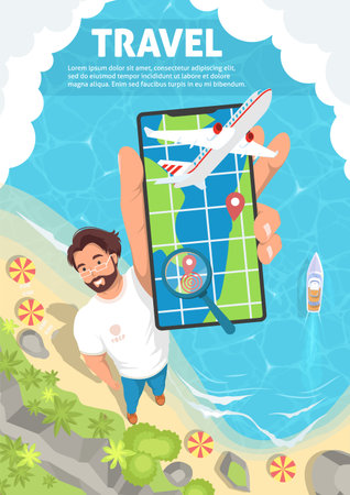 Happy man tourist advertising travel showing smartphone appのイラスト素材
