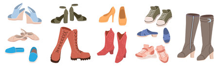 Variety assortment of female shoes isolated setのイラスト素材