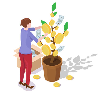 Businesswoman cultivating money tree hanging dollar coins and banknoteのイラスト素材