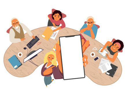 Businesswoman looking up showing raised smartphoneのイラスト素材