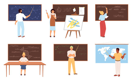 In a vibrant classroom setting, teachers demonstrate different subjects using visual aids and interactive methods, highlighting creative teaching techniques and student engagementのイラスト素材