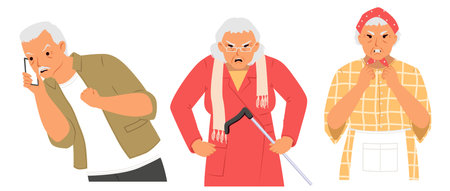 Three elderly characters display a range of emotions. One is angry on a phone call, another is frustrated with a cane, while the third appears annoyed with hands on her chinのイラスト素材