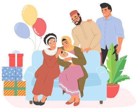 A Muslim family gathers joyfully on a couch, celebrating a special event with gifts and colorful balloons, sharing love and happiness in their home environmentのイラスト素材