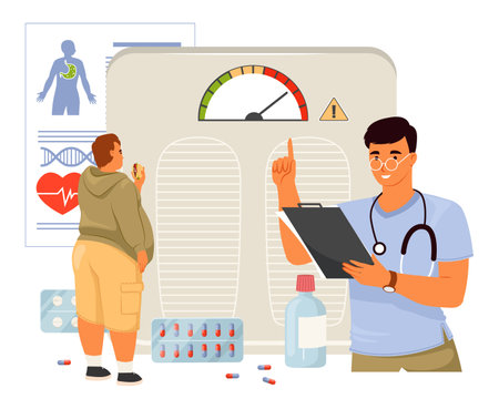 A healthcare professional is engaged with a patient while reviewing health data and medication. Charts, pills, and a monitor indicate a thorough examination processのイラスト素材