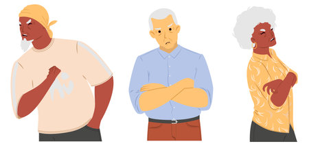 Three distinct individuals show signs of anger and frustration in a stylized illustration, their body language conveying tension during a disagreement in an indoor settingのイラスト素材
