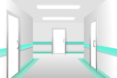 Bright hall features sleek white walls and teal accents, illustrating a modern healthcare environment. Fluorescent lights enhance the feeling of cleanliness and orderのイラスト素材
