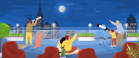 Families gather on a rooftop terrace to look through telescopes at the night sky. They admire the bright moon and distant stars over the city skyline, sharing a joyful momentのイラスト素材
