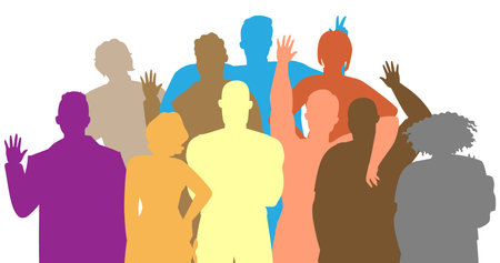 A vibrant group of individuals stands together, raising their hands in a lively gesture. Each person showcases different colors, highlighting the beauty of diversity and community spiritのイラスト素材