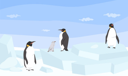 Four penguins stand on ice floes in a snowy landscape. The sun shines brightly, casting shadows. One smaller penguin is nestled among the larger ones, creating a charming family sceneのイラスト素材