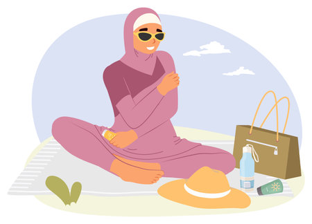 A woman dressed in a stylish outfit sits comfortably on a blanket outdoors, wearing sunglassesのイラスト素材