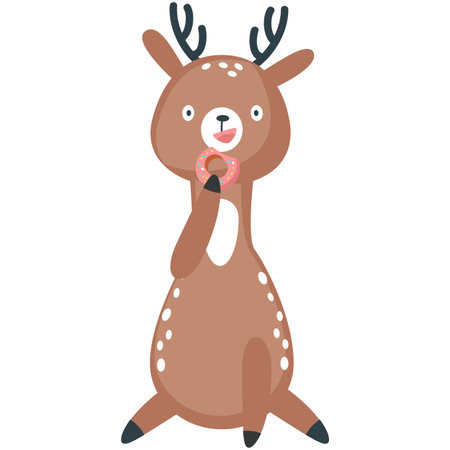 Cute deer eating donut vector cartoon iconのイラスト素材