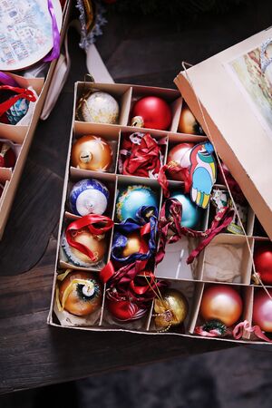Christmas vintage toys in box, beautiful holiday decor. Christmas backgroundの写真素材