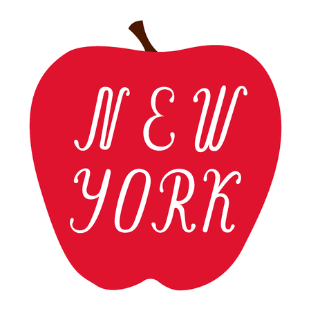 New York lettering on a big red apple isolated on white background. Design template for a postcard, poster, banner.のイラスト素材