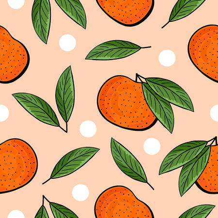 Seamless hand drawn tangerine pattern on orange background.