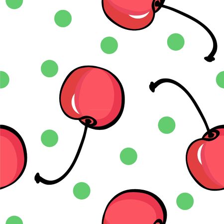 Seamless hand drawn cherry pattern on white background with green dots. Vector illustration.のイラスト素材