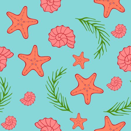 Vector seamless sea pattern. Deep blue background with starfish, seashells and algae. Abstract illustration with concept of seaside resort, vacation, diving. Simple marine texture for print and web.のイラスト素材