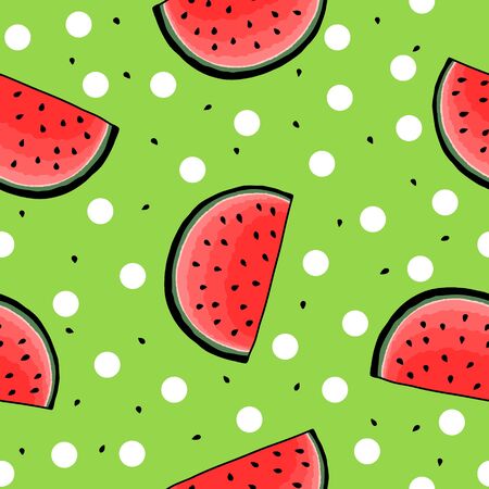 Seamless watermelon pattern on green background with watermelon seeds and white dots. Vector...