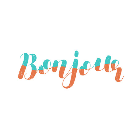Bonjour. Good day in French. Brush hand lettering vector illustration. Motivating modern calligraphy. Great for prints and posters, greeting cards, home decor, apparel design and more.のイラスト素材