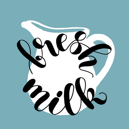 Fresh milk, brush lettering and jug illustrationの写真素材