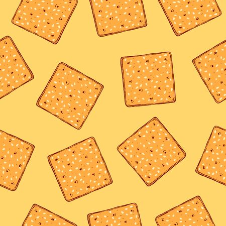 Hand drawn crackers with sesame seeds seamless pattern. Buscuit sketch vector repeat background. Fashion kids print for for fabric, wrapping paper, textile, wallpaper, apparel.のイラスト素材