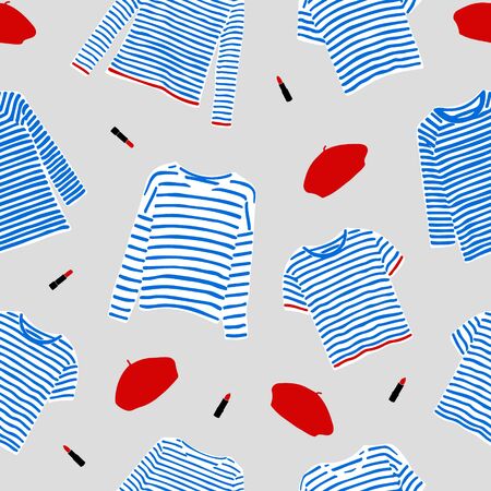 Seamless pattern with and drawn blue striped longsleeve t-shirts, red berets and lipsticks.のイラスト素材