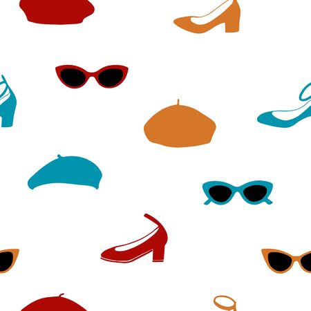 Hand drawn seamless pattern with sunglasses, shoes and berets.の写真素材