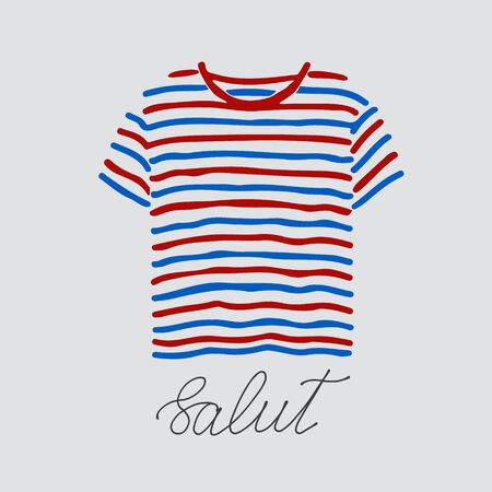 Blue and red striped t-shirt and handlettered word salut, French for hello.の写真素材