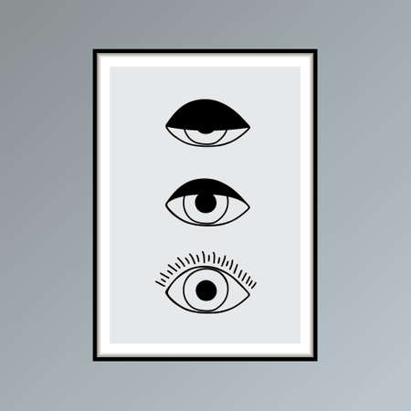 Cartoon open, winking and closed eyes poster in shades of gray for interior decor.の写真素材