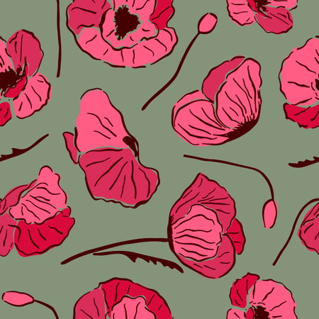 Seamless pattern with red poppy flowers and buds on green background.のイラスト素材
