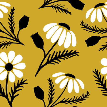 Hand drawn daisy seamless pattern on trendy yellow backgroundのイラスト素材