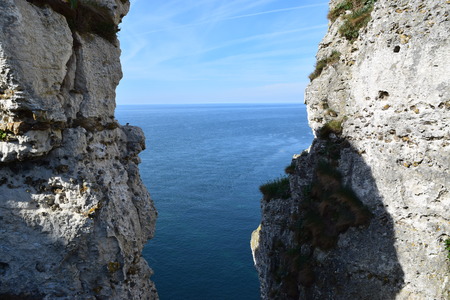 Coastal rocks watching over the Atlantic Ocean in Normandy, Franceの写真素材