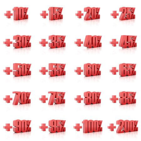 Set of 3D plus percent  Numbers  Red on white background  Concept 3D illustrationの写真素材