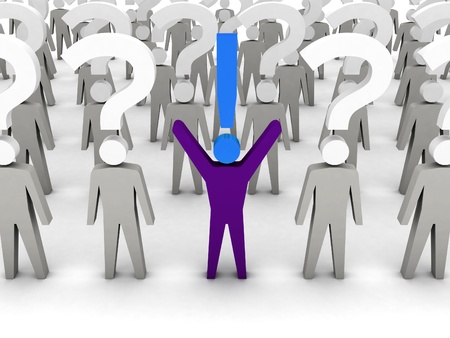 One man with exclamation mark and a lot of men with question marks. Concept 3D illustration.の写真素材