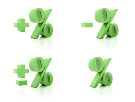 Set of 3D Percent. Plus, minus. Green on white background. Concept 3D illustration
