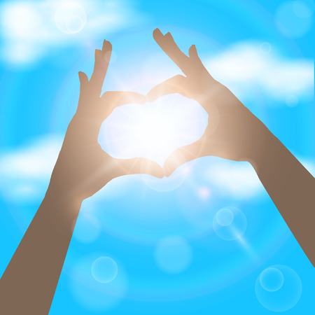 Hands in the form of heart on the background of blue sunny skyのイラスト素材