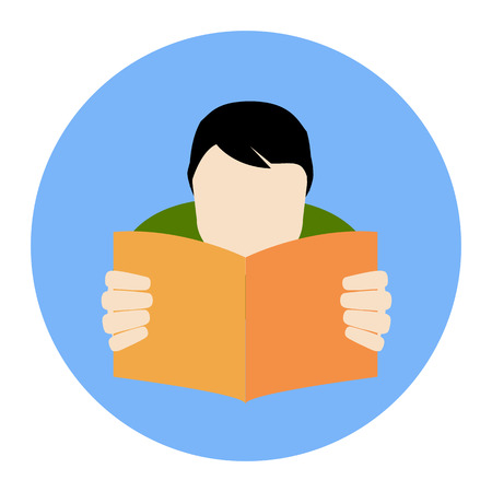 Reading Man Icon. FAQ Concept. Flat style illustration. Isolated in colored circle on white background. のイラスト素材