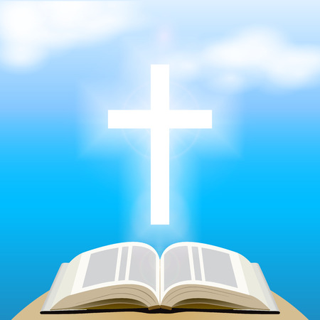Bible and shining cross over blue sky. Vector Illustrationのイラスト素材