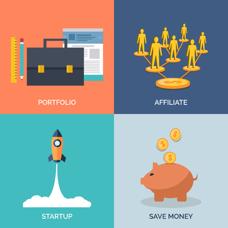 Set of flat design concept icons for business. Portfolio, Affiliate, Startup and Save Money. Vector Illustration.のイラスト素材