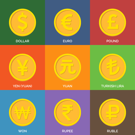 Flat Golden Coins. Currency Icons. Vector illustration.のイラスト素材