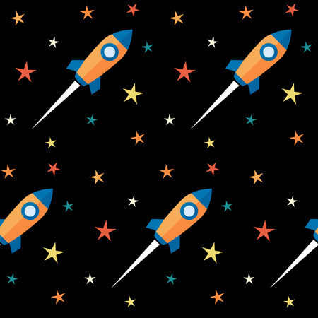 Seamless pattern. Rockets and stars over black background. Vector Illustrationのイラスト素材