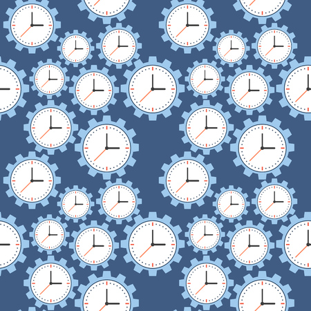 Seamless pattern. Cogwheels and clocks over blue background. Vector Illustrationのイラスト素材