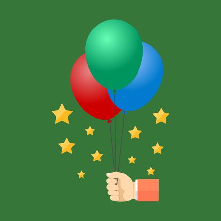 Hand holding colorful balloons. Flat design. Isolated on color backgroundのイラスト素材