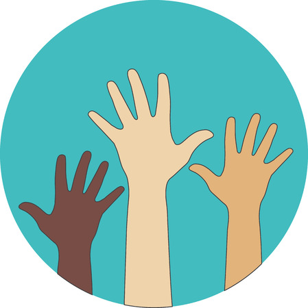 Circle flat icon. Hands raised up. Concept of volunteerism, multi-ethnicity, equality, racial and social issues.のイラスト素材