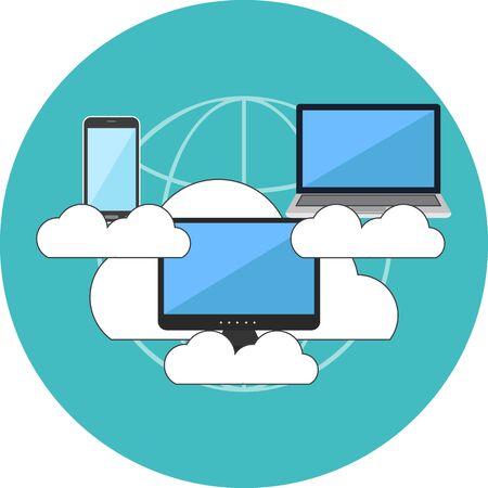 Cloud computing concept. Flat design. Icon in turquoise circle on white backgroundのイラスト素材