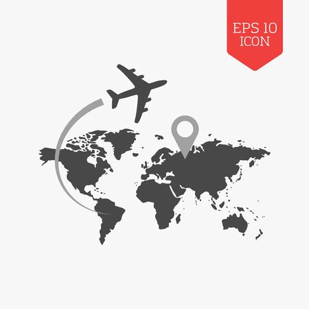 Airplane flying over world map, travel with destination concept. Flat design gray color symbol. Modern UI web navigation, sign. Illustration elementのイラスト素材