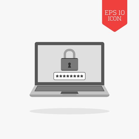 Laptop with lock on screen icon. Computer security concept. Flat design gray color symbol. Modern UI web navigation, sign. Illustration elementのイラスト素材