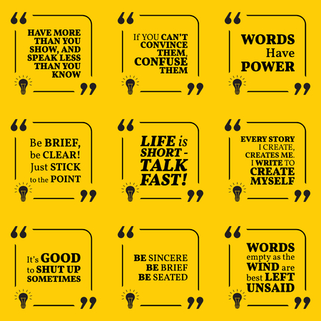 Set of motivational quotes about speech, words, talk, write and personal development. Simple note design typography poster. Vector illustrationのイラスト素材