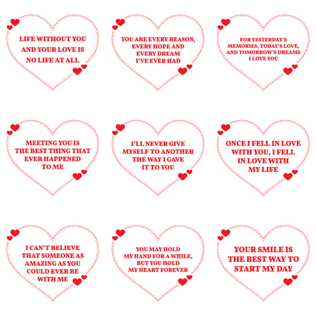 Set of love wishes quotes over white background. Simple heart shape design. Vector illustrationのイラスト素材