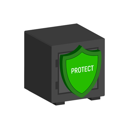 Metal Safe with Shield, Financial Protection symbol. Flat Isometric Icon or Logo. 3D Style Pictogram for Web Design, UI, Mobile App, Infographic.のイラスト素材